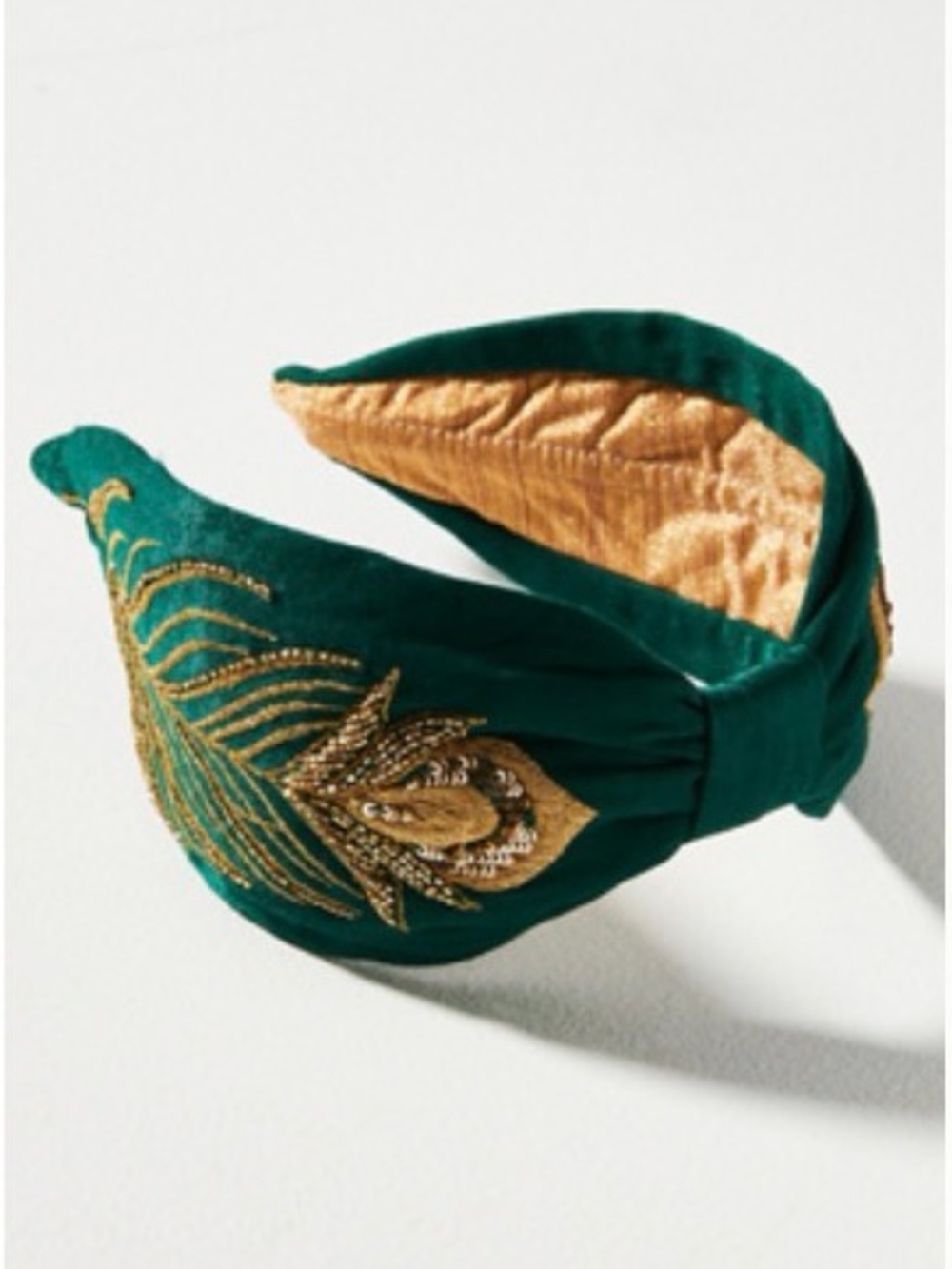 Anthropologie Embroidered Green Velvet Headband with Gold beading
